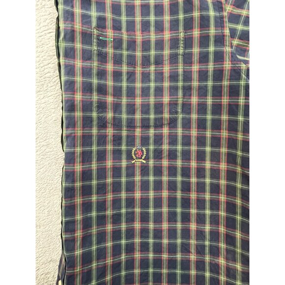 90s Tommy Hilfiger Men Medium Navy Green/Red Lion Crest Plaid Button-Down Shirt - Picture 10 of 11